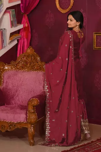 Maroon colour chinnon silk heavy embroidery work fully salwar suit