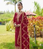 Rani colour chinnon silk heavy embroidery work fully stitched salwar suit