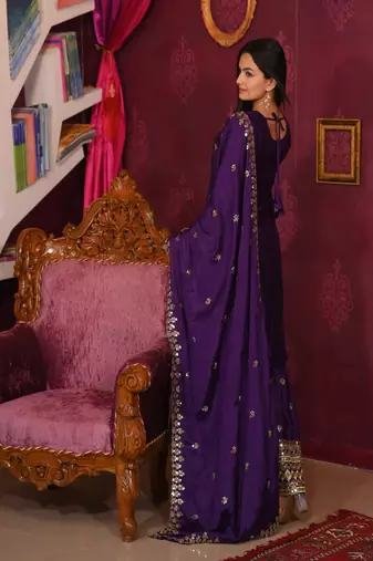 Purple colour chinnon silk heavy embroidery work fully salwar suit