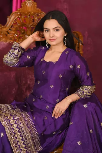 Purple colour chinnon silk heavy embroidery work fully salwar suit