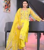 Lemon yellow colour organza silk heavy embroidery work fully stitched salwar suit