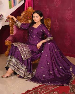Wine colour chinnon silk heavy embroidery work fully salwar suit 1