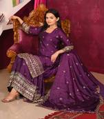 Wine colour chinnon silk heavy embroidery work fully stitched salwar suit