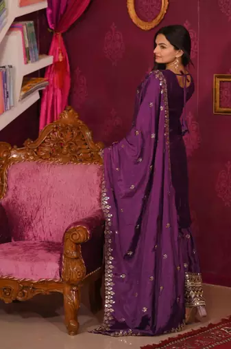 Wine colour chinnon silk heavy embroidery work fully salwar suit
