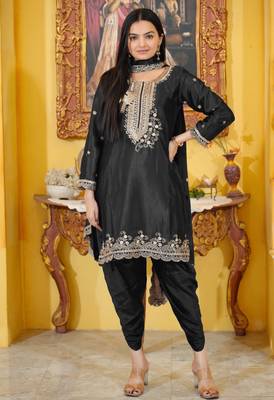 Black Colour Chinon Silk Heavy Emboridery Work Fully Punjabi Salwar Suit 1