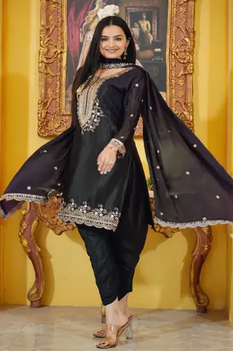 Black Colour Chinon Silk Heavy Emboridery Work Fully Punjabi Salwar Suit