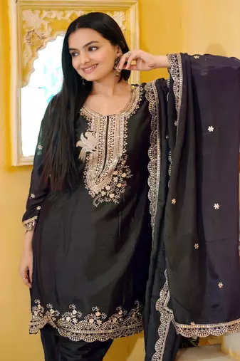 Black Colour Chinon Silk Heavy Emboridery Work Fully Punjabi Salwar Suit