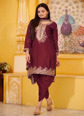 Maroon Colour Chinon Silk Heavy Embroidery Work Fully Punjabi Salwar Suit 1