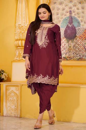 Maroon Colour Chinon Silk Heavy Embroidery Work Fully Punjabi Salwar Suit