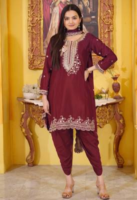 Maroon Colour Chinon Silk Heavy Embroidery Work Fully Punjabi Salwar Suit 2