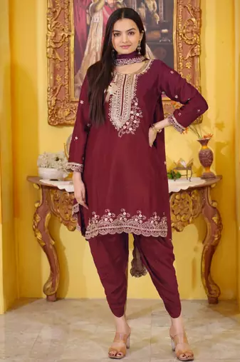 Maroon Colour Chinon Silk Heavy Embroidery Work Fully Punjabi Salwar Suit