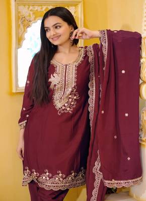 Maroon Colour Chinon Silk Heavy Embroidery Work Fully Punjabi Salwar Suit 4