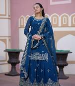 Blue colour faux georgette fully stitched sharara suit