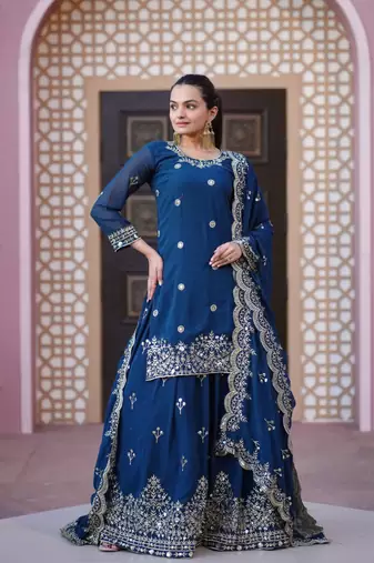 Blue faux georgette fully sharara suit