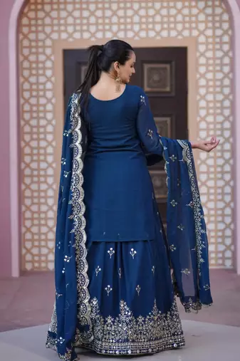 Blue faux georgette fully sharara suit