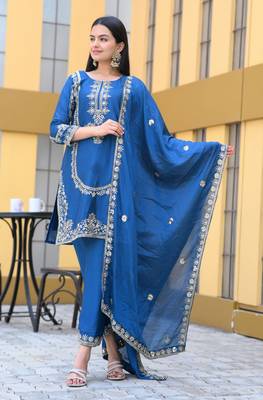 Blue chinnon silk heavy embroidery work fully salwar suit 1
