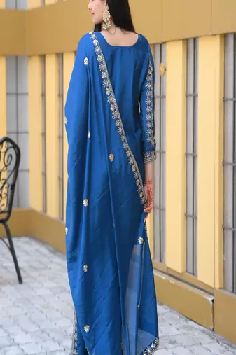 Blue chinnon silk heavy embroidery work fully salwar suit