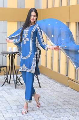 Blue chinnon silk heavy embroidery work fully salwar suit 4