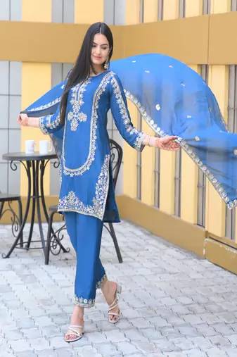 Blue chinnon silk heavy embroidery work fully salwar suit