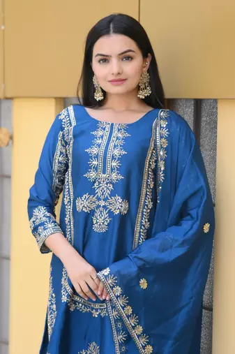 Blue chinnon silk heavy embroidery work fully salwar suit