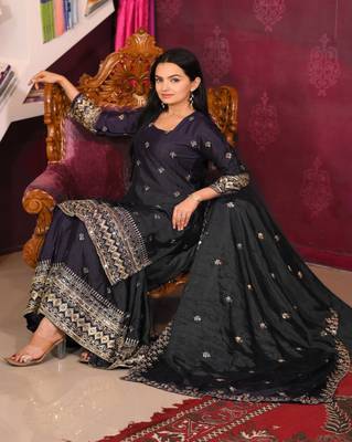 Black chinnon silk heavy embroidery work fully salwar suit 1