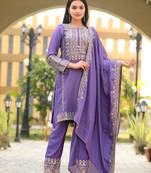 Lavender colour chinnon silk heavy embroidery work fully stitched salwar suit