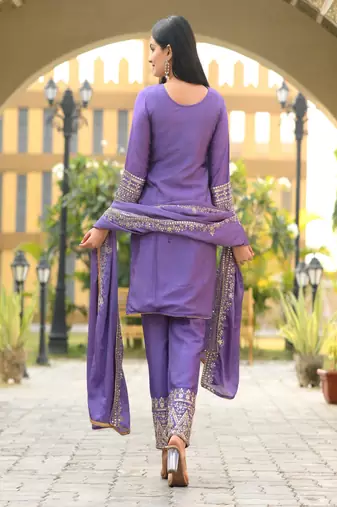 Lavender chinnon silk heavy embroidery work fully salwar suit