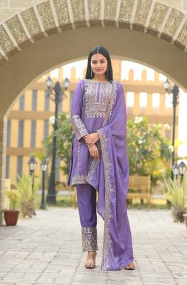 Lavender chinnon silk heavy embroidery work fully salwar suit 4