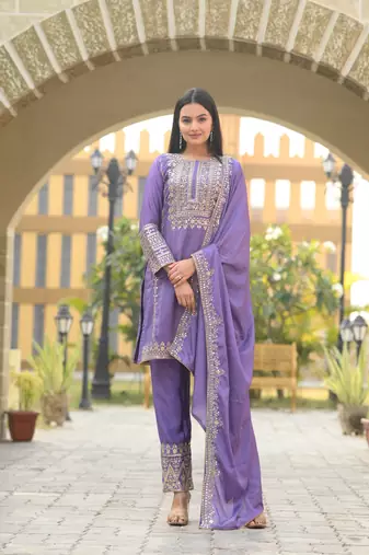 Lavender chinnon silk heavy embroidery work fully salwar suit