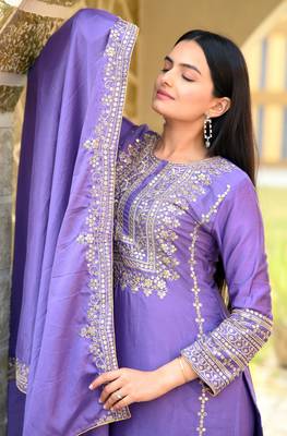 Lavender chinnon silk heavy embroidery work fully salwar suit 5