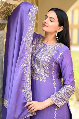 Lavender chinnon silk heavy embroidery work fully salwar suit