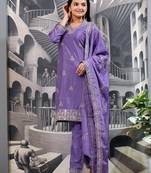 Lavender colour chinnon silk heavy emrboidery work fully stitched salwar suit