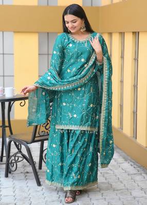 Green chinnon silk heavy embroidery work fully salwar suit 1