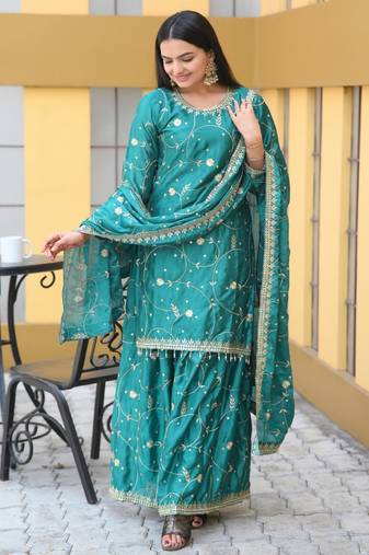 Green colour chinnon silk heavy embroidery work fully stitched salwar suit