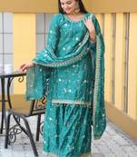 Green colour chinnon silk heavy embroidery work fully stitched salwar suit