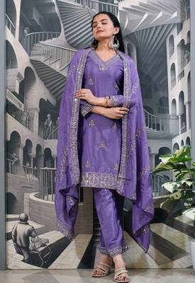Lavender chinnon silk heavy emrboidery work fully salwar suit 4