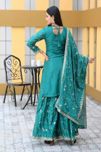 Green chinnon silk heavy embroidery work fully salwar suit