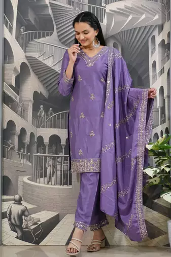 Lavender chinnon silk heavy emrboidery work fully salwar suit