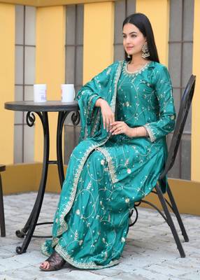 Green chinnon silk heavy embroidery work fully salwar suit 4