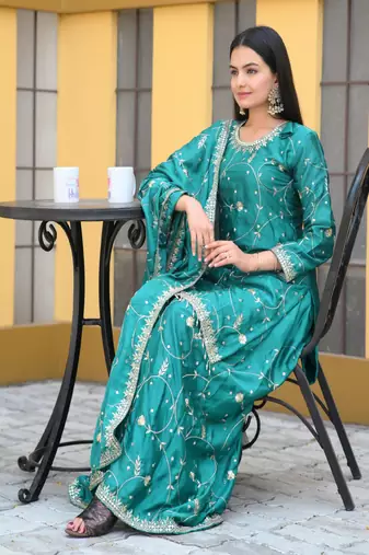 Green chinnon silk heavy embroidery work fully salwar suit