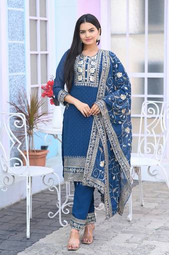 Blue colour faux georgette silk heavy embroidery work fully stitched salwar suit