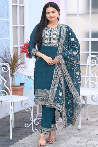 Teal Green colour faux georgette silk heavy embroidery work fully  salwar suit