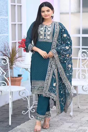 Teal Green colour faux georgette silk heavy embroidery work fully  salwar suit
