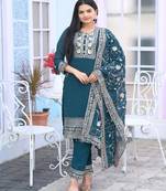 Teal Green colour faux georgette silk heavy embroidery work fully  salwar suit