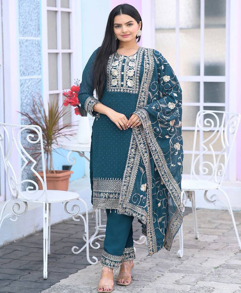 Teal Green colour faux georgette silk heavy embroidery work fully  salwar suit