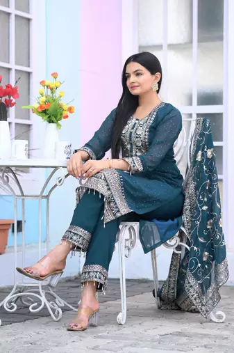 Teal Green faux georgette silk heavy embroidery work fully salwar suit