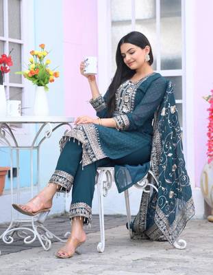 Teal Green faux georgette silk heavy embroidery work fully salwar suit 4