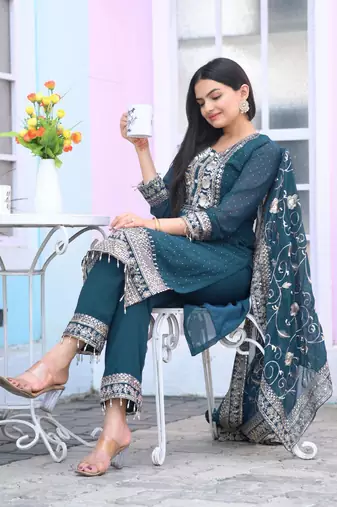 Teal Green faux georgette silk heavy embroidery work fully salwar suit