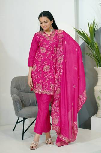 Pink colour chinnon silk heavy emrboidery work fully stitched salwar suit