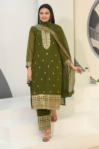 Mahendi colour faux georgette silk heavy embroidery work fully stitched salwar suit